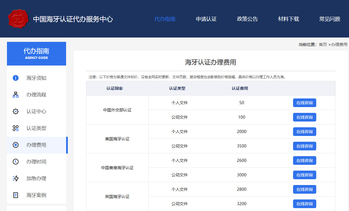 海牙认证费用明细表