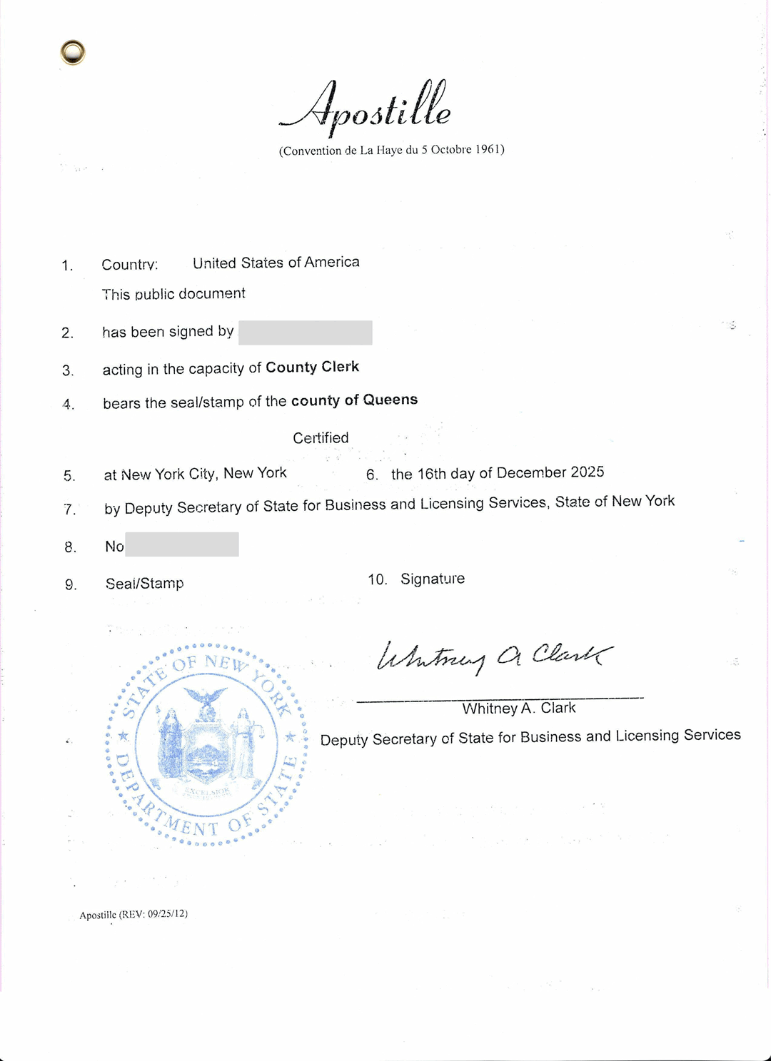 美国纽约州海牙认证