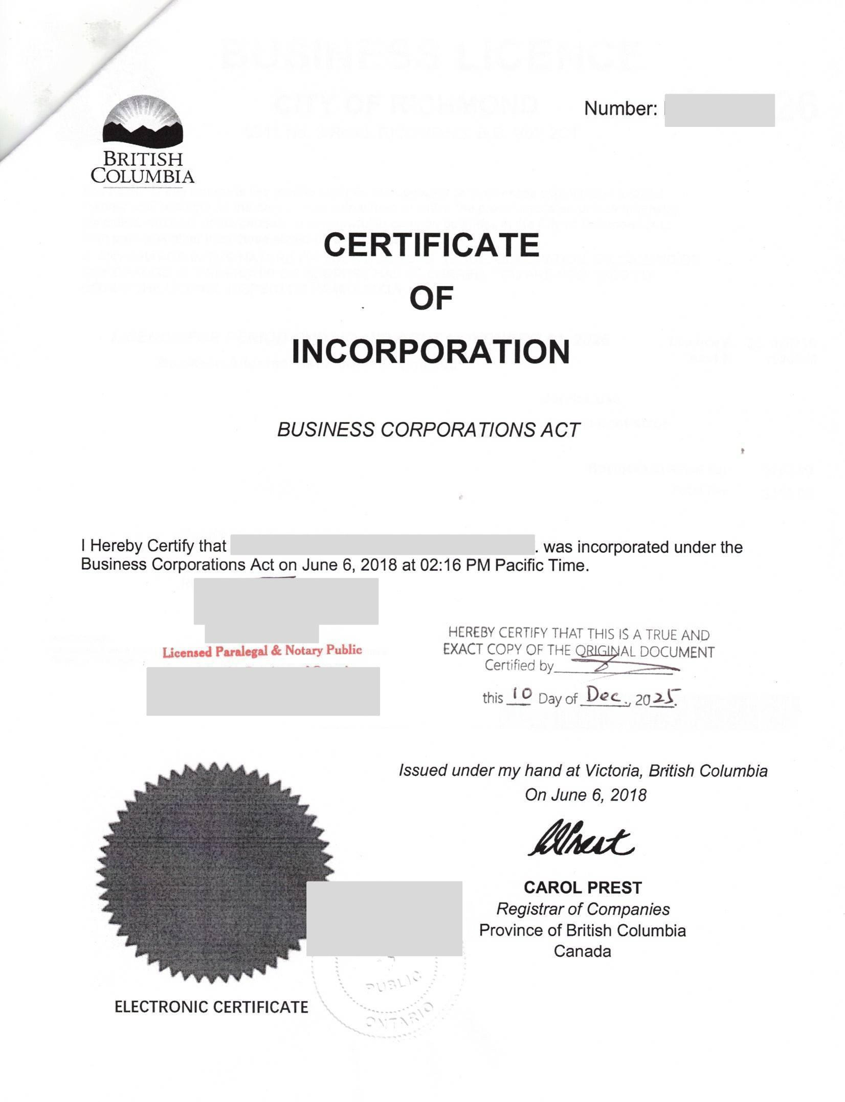 加拿大注册证书公证